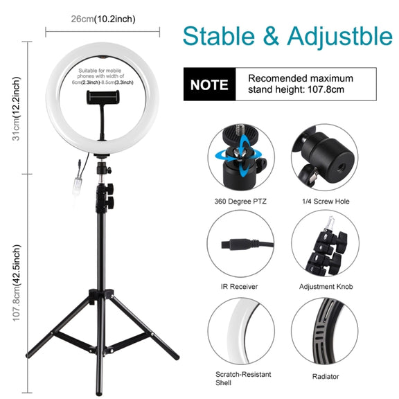 PULUZ 1.1m Tripod Mount + 10.2 inch 26cm Curved Surface RGBW LED Ring Vlogging Video Light  Live Broadcast Kits with Remote Control & Phone Clamp(Black)