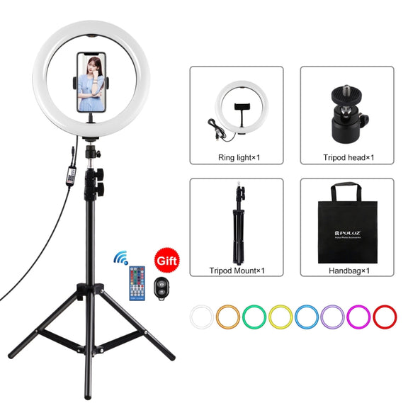 PULUZ 1.1m Tripod Mount + 10.2 inch 26cm Curved Surface RGBW LED Ring Vlogging Video Light  Live Broadcast Kits with Remote Control & Phone Clamp(Black)