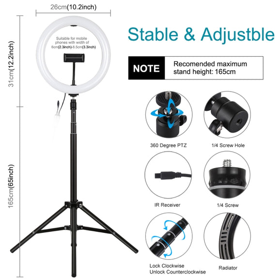 PULUZ 10.2 inch 26cm RGBW Light + 1.65m Tripod Mount Curved Surface USB RGBW Dimmable LED Ring Vlogging Video Light Live Broadcast Kits with Cold Shoe Tripod Ball Head & Phone Clamp & Remote Control(Black)