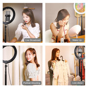 PULUZ 10.2 inch 26cm Light + 1.65m Tripod Mount Curved Surface USB 3 Modes Dimmable Dual Color Temperature Ring Vlogging Video Light Live Broadcast Kits with Phone Clamp & Selfie Remote Control(Black)