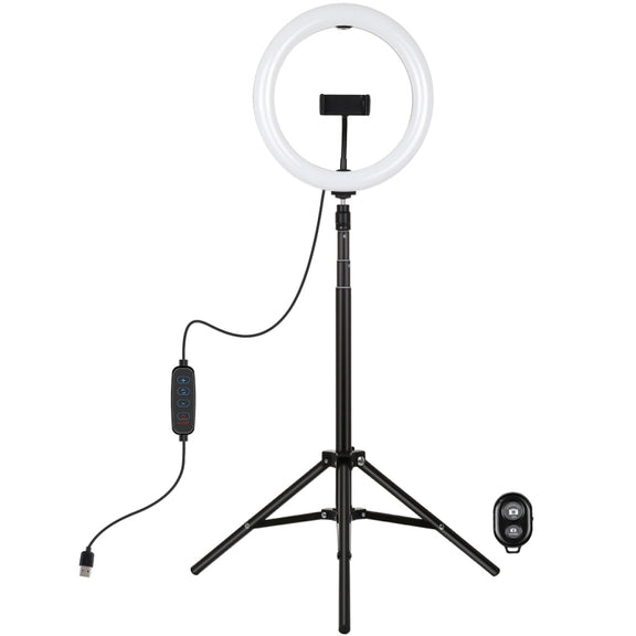 PULUZ 10.2 inch 26cm Light + 1.65m Tripod Mount Curved Surface USB 3 Modes Dimmable Dual Color Temperature Ring Vlogging Video Light Live Broadcast Kits with Phone Clamp & Selfie Remote Control(Black)