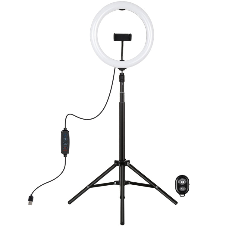 PULUZ 10.2 inch 26cm Light + 1.65m Tripod Mount Curved Surface USB 3 Modes Dimmable Dual Color Temperature Ring Vlogging Video Light Live Broadcast Kits with Phone Clamp & Selfie Remote Control(Black)