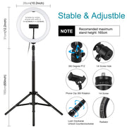 PULUZ 10.2 inch 26cm Light + 1.65m Tripod Mount Curved Surface USB 3 Modes Dimmable Dual Color Temperature Ring Vlogging Video Light Live Broadcast Kits with Phone Clamp & Selfie Remote Control(Black)