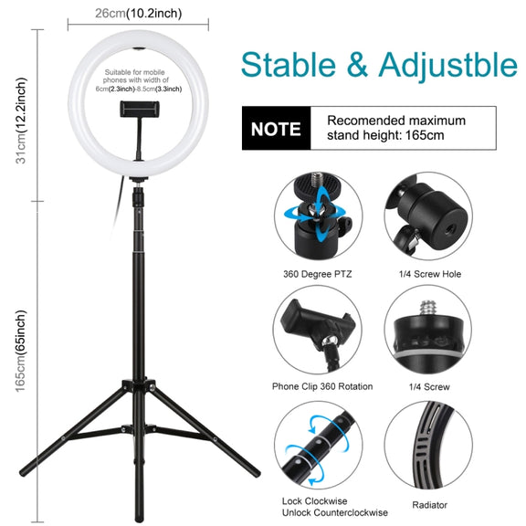 PULUZ 10.2 inch 26cm Light + 1.65m Tripod Mount Curved Surface USB 3 Modes Dimmable Dual Color Temperature Ring Vlogging Video Light Live Broadcast Kits with Phone Clamp & Selfie Remote Control(Black)