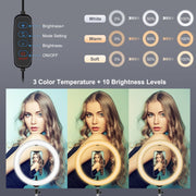 PULUZ 10.2 inch 26cm Light + 1.65m Tripod Mount Curved Surface USB 3 Modes Dimmable Dual Color Temperature Ring Vlogging Video Light Live Broadcast Kits with Phone Clamp & Selfie Remote Control(Black)