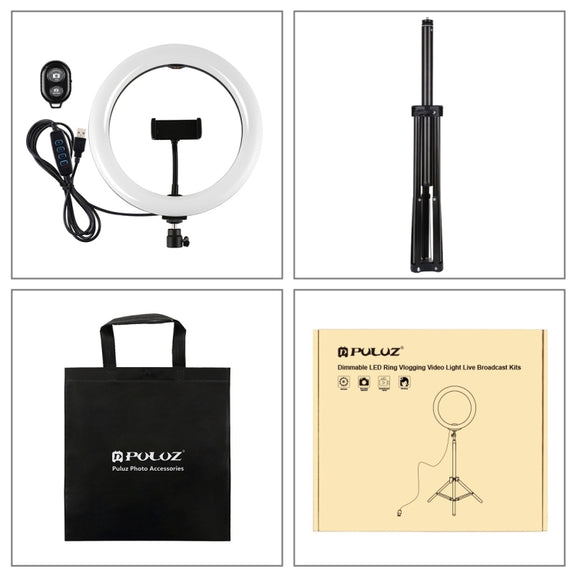 PULUZ 10.2 inch 26cm Light + 1.65m Tripod Mount Curved Surface USB 3 Modes Dimmable Dual Color Temperature Ring Vlogging Video Light Live Broadcast Kits with Phone Clamp & Selfie Remote Control(Black)