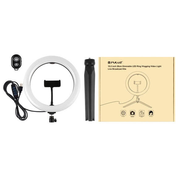 PULUZ 10.2 inch 26cm Light + Desktop Tripod Mount USB 3 Modes Dimmable Dual Color Temperature LED Curved Diffuse Light Ring Vlogging Selfie Photography Video Lights with Phone Clamp & Selfie Remote Control(Black)