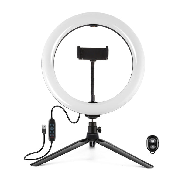PULUZ 10.2 inch 26cm Light + Desktop Tripod Mount USB 3 Modes Dimmable Dual Color Temperature LED Curved Diffuse Light Ring Vlogging Selfie Photography Video Lights with Phone Clamp & Selfie Remote Control(Black)