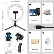 PULUZ 10.2 inch 26cm Light + Desktop Tripod Mount USB 3 Modes Dimmable Dual Color Temperature LED Curved Diffuse Light Ring Vlogging Selfie Photography Video Lights with Phone Clamp & Selfie Remote Control(Black)