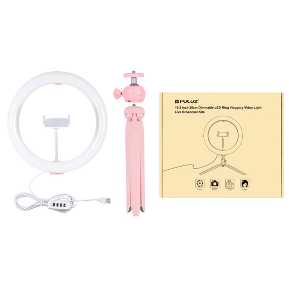 PULUZ 10.2 inch 26cm Light + Desktop Tripod Mount USB 3 Modes Dimmable Dual Color Temperature LED Curved Diffuse Light Ring Vlogging Selfie Photography Video Lights with Phone Clamp(Pink)