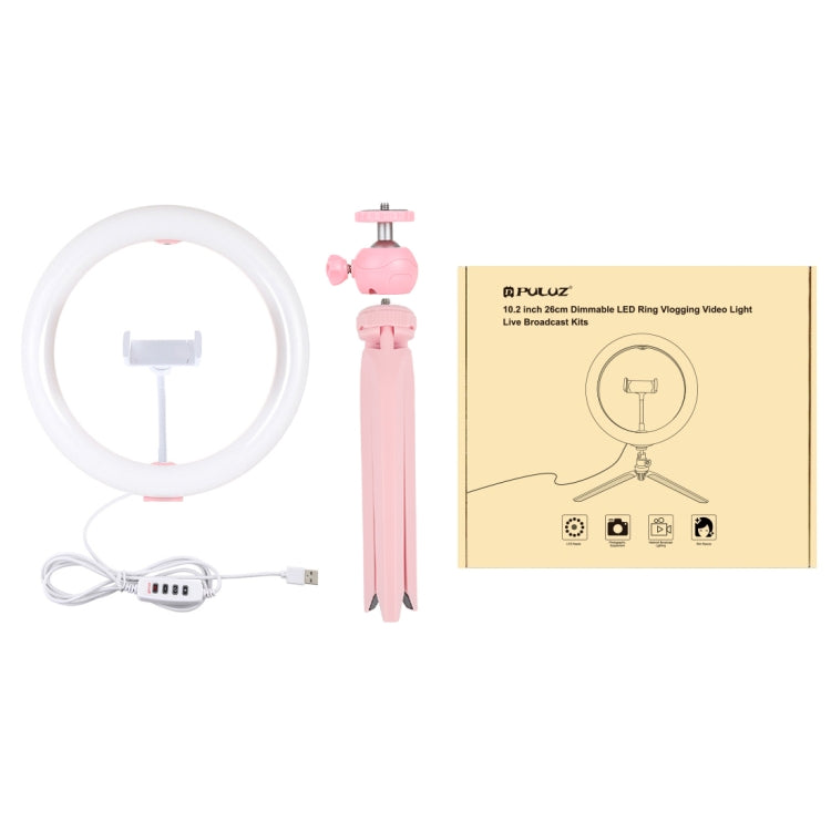 PULUZ 10.2 inch 26cm Light + Desktop Tripod Mount USB 3 Modes Dimmable Dual Color Temperature LED Curved Diffuse Light Ring Vlogging Selfie Photography Video Lights with Phone Clamp(Pink)