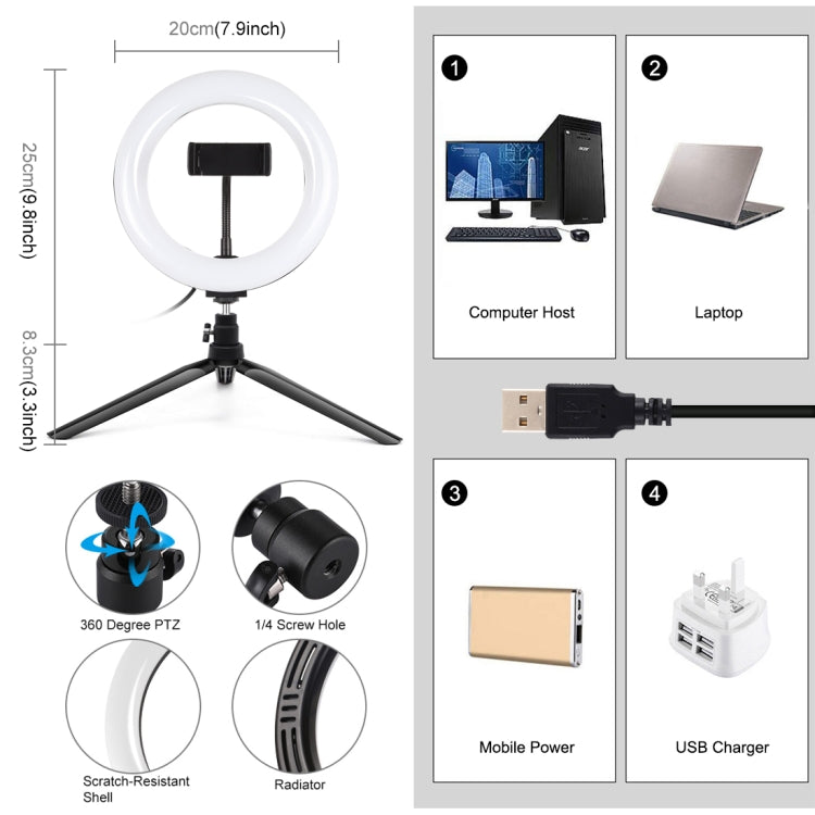 PULUZ 7.9 inch 20cm Light + Desktop Tripod Mount USB 3 Modes Dimmable Dual Color Temperature LED Curved Light Ring Vlogging Selfie Beauty Photography Video Lights with Phone Clamp(Black) - Ring Light by PULUZ | Online Shopping South Africa | PMC TechLife | Buy Now Pay Later Mobicred