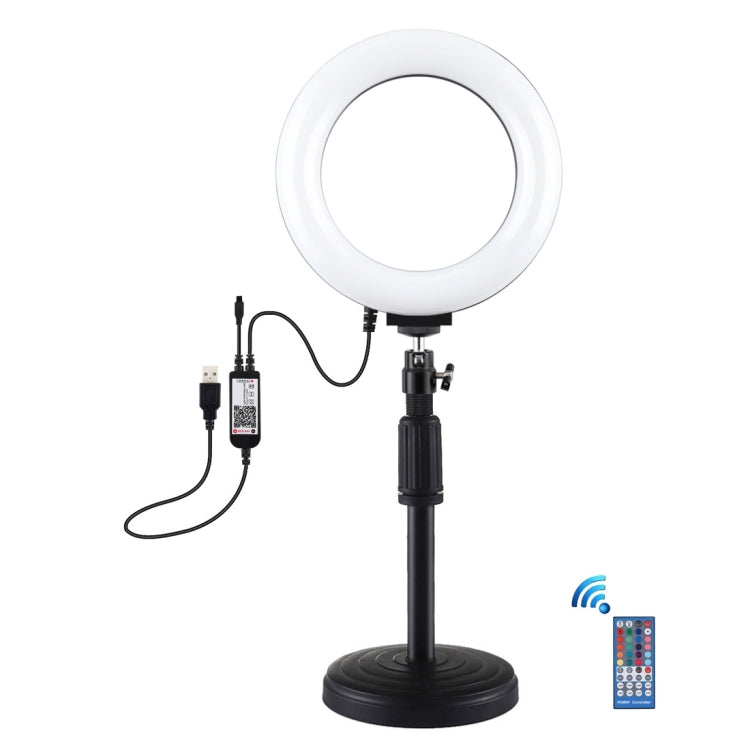 PULUZ 6.2 inch 16cm RGBW Light + Round Base Desktop Holder USB Dimmable LED Ring Vlogging Photography Video Lights with Cold Shoe Tripod Ball Head & Remote Control(Black) - free shipping - PMC Jewellery - Order now!