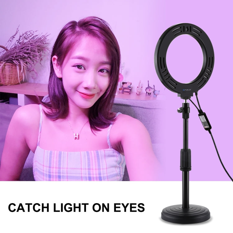 PULUZ 6.2 inch 16cm RGBW Light + Round Base Desktop Holder USB Dimmable LED Ring Vlogging Photography Video Lights with Cold Shoe Tripod Ball Head & Remote Control(Black)