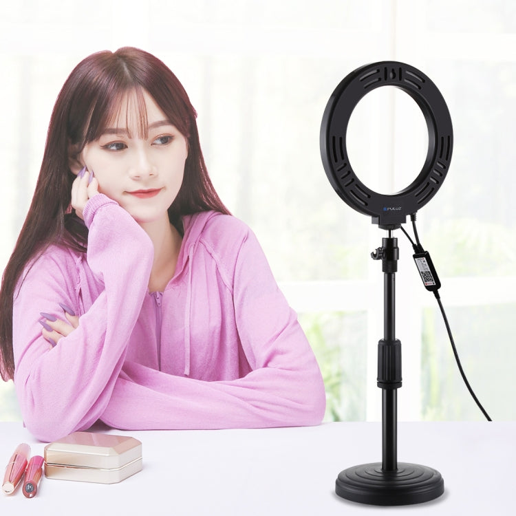 PULUZ 6.2 inch 16cm RGBW Light + Round Base Desktop Holder USB Dimmable LED Ring Vlogging Photography Video Lights with Cold Shoe Tripod Ball Head & Remote Control(Black)