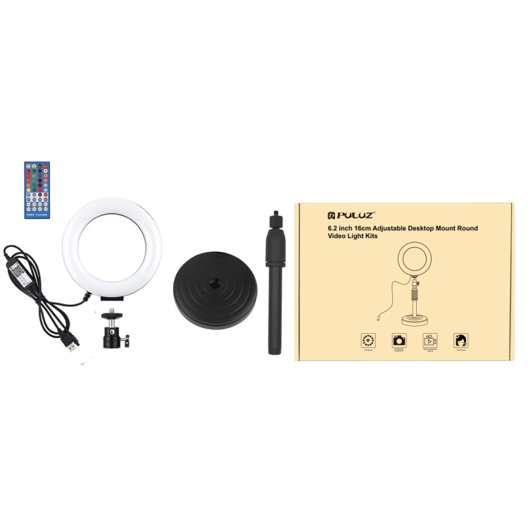 PULUZ 6.2 inch 16cm RGBW Light + Round Base Desktop Holder USB Dimmable LED Ring Vlogging Photography Video Lights with Cold Shoe Tripod Ball Head & Remote Control(Black)