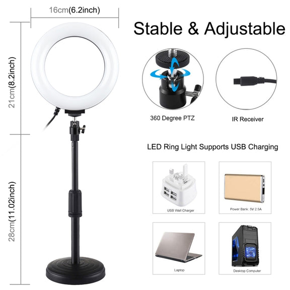 PULUZ 6.2 inch 16cm RGBW Light + Round Base Desktop Holder USB Dimmable LED Ring Vlogging Photography Video Lights with Cold Shoe Tripod Ball Head & Remote Control(Black)