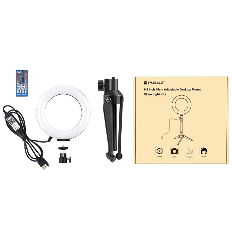 PULUZ 6.2 inch 16cm RGBW Light + Desktop Tripod Mount + USB Dimmable LED Ring Vlogging Photography Video Lights with Cold Shoe Tripod Ball Head & Remote Control(Black)