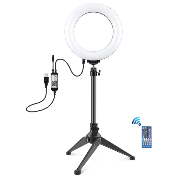 PULUZ 6.2 inch 16cm RGBW Light + Desktop Tripod Mount + USB Dimmable LED Ring Vlogging Photography Video Lights with Cold Shoe Tripod Ball Head & Remote Control(Black)