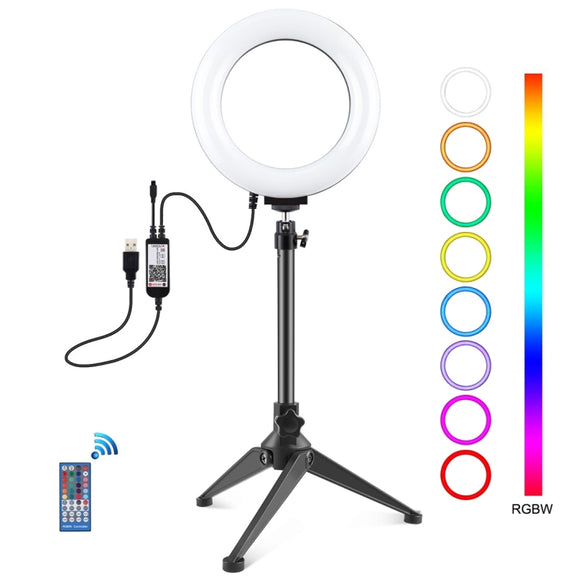 PULUZ 6.2 inch 16cm RGBW Light + Desktop Tripod Mount + USB Dimmable LED Ring Vlogging Photography Video Lights with Cold Shoe Tripod Ball Head & Remote Control(Black)