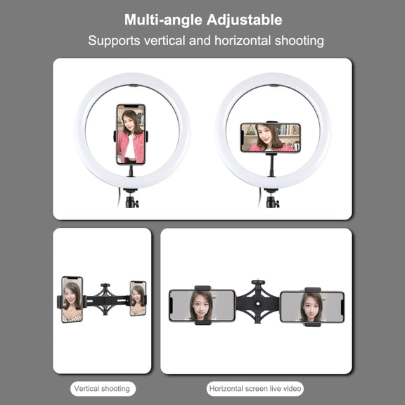 PULUZ 11.8 inch 30cm RGBW Light + 1.65m Mount + Dual Phone Brackets Curved Surface RGBW Dimmable LED Ring Selfie Vlogging Light  Live Broadcast Kits with Cold Shoe Tripod Adapter & Phone Clamp & Remote Control(Black)