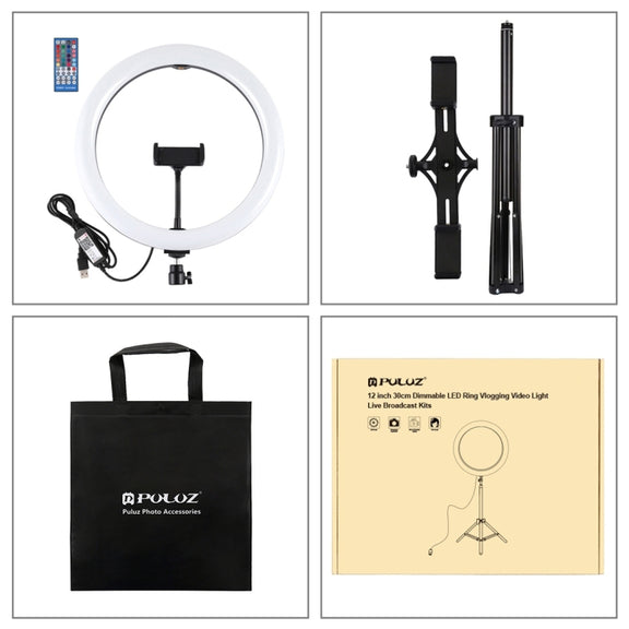 PULUZ 11.8 inch 30cm RGBW Light + 1.65m Mount + Dual Phone Brackets Curved Surface RGBW Dimmable LED Ring Selfie Vlogging Light  Live Broadcast Kits with Cold Shoe Tripod Adapter & Phone Clamp & Remote Control(Black)