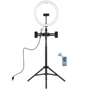 PULUZ 11.8 inch 30cm RGBW Light + 1.65m Mount + Dual Phone Brackets Curved Surface RGBW Dimmable LED Ring Selfie Vlogging Light  Live Broadcast Kits with Cold Shoe Tripod Adapter & Phone Clamp & Remote Control(Black)