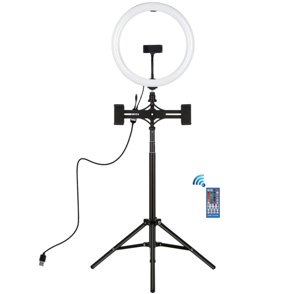 PULUZ 11.8 inch 30cm RGBW Light + 1.65m Mount + Dual Phone Brackets Curved Surface RGBW Dimmable LED Ring Selfie Vlogging Light  Live Broadcast Kits with Cold Shoe Tripod Adapter & Phone Clamp & Remote Control(Black)