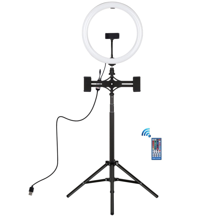 PULUZ 11.8 inch 30cm RGBW Light + 1.65m Mount + Dual Phone Brackets Curved Surface RGBW Dimmable LED Ring Selfie Vlogging Light  Live Broadcast Kits with Cold Shoe Tripod Adapter & Phone Clamp & Remote Control(Black)