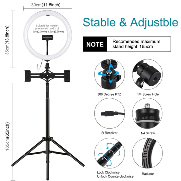 PULUZ 11.8 inch 30cm RGBW Light + 1.65m Mount + Dual Phone Brackets Curved Surface RGBW Dimmable LED Ring Selfie Vlogging Light  Live Broadcast Kits with Cold Shoe Tripod Adapter & Phone Clamp & Remote Control(Black)