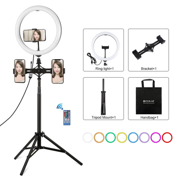 PULUZ 11.8 inch 30cm RGBW Light + 1.65m Mount + Dual Phone Brackets Curved Surface RGBW Dimmable LED Ring Selfie Vlogging Light  Live Broadcast Kits with Cold Shoe Tripod Adapter & Phone Clamp & Remote Control(Black)