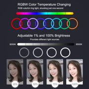 PULUZ 11.8 inch 30cm RGBW Light + 1.65m Mount + Dual Phone Brackets Curved Surface RGBW Dimmable LED Ring Selfie Vlogging Light  Live Broadcast Kits with Cold Shoe Tripod Adapter & Phone Clamp & Remote Control(Black)