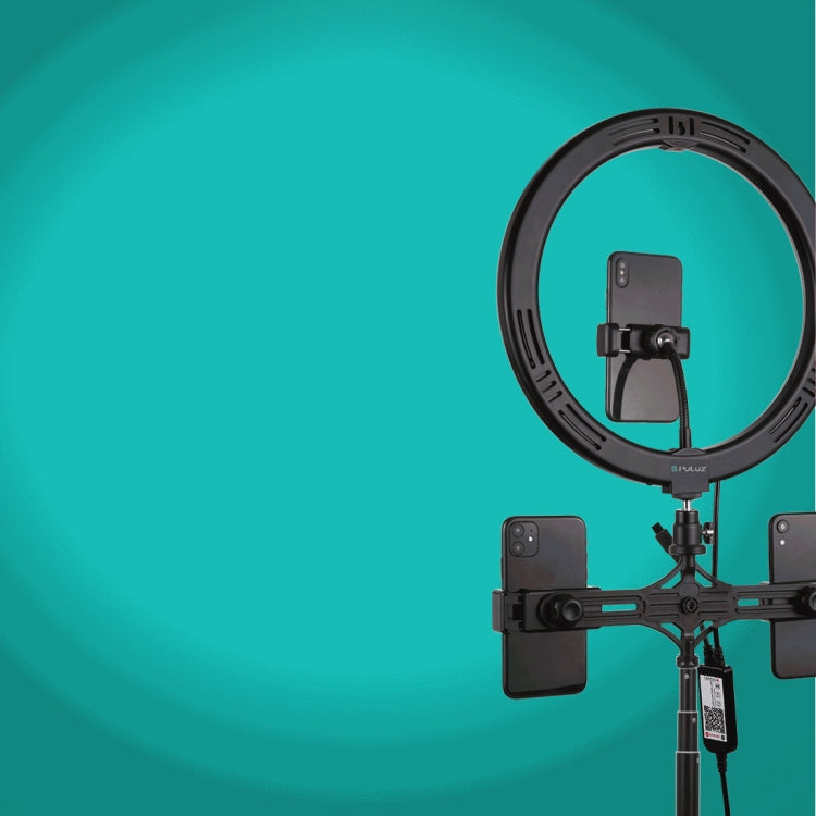 PULUZ 11.8 inch 30cm RGBW Light + 1.65m Mount + Dual Phone Brackets Curved Surface RGBW Dimmable LED Ring Selfie Vlogging Light  Live Broadcast Kits with Cold Shoe Tripod Adapter & Phone Clamp & Remote Control(Black)