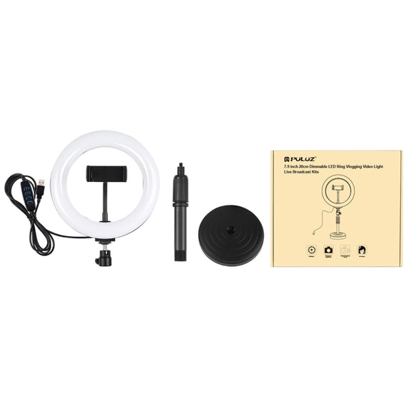 PULUZ 7.9 inch 20cm Light+ Round Base Desktop Holder USB 3 Modes Dimmable Dual Color Temperature LED Curved Light Ring Vlogging Selfie Photography Video Lights with Phone Clamp(Black)