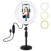 PULUZ 7.9 inch 20cm Light+ Round Base Desktop Holder USB 3 Modes Dimmable Dual Color Temperature LED Curved Light Ring Vlogging Selfie Photography Video Lights with Phone Clamp(Black)
