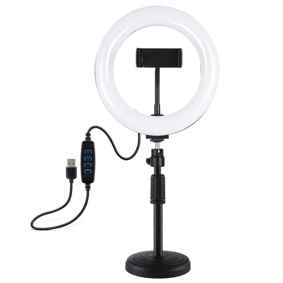 PULUZ 7.9 inch 20cm Light+ Round Base Desktop Holder USB 3 Modes Dimmable Dual Color Temperature LED Curved Light Ring Vlogging Selfie Photography Video Lights with Phone Clamp(Black)