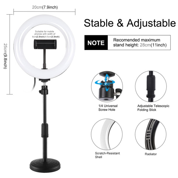 PULUZ 7.9 inch 20cm Light+ Round Base Desktop Holder USB 3 Modes Dimmable Dual Color Temperature LED Curved Light Ring Vlogging Selfie Photography Video Lights with Phone Clamp(Black)