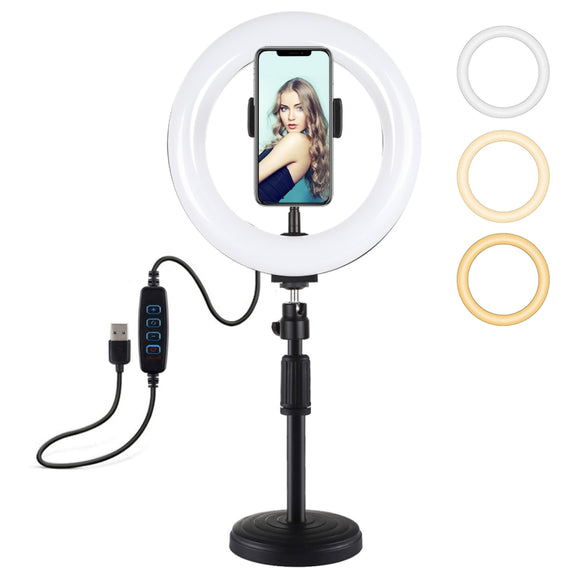 PULUZ 7.9 inch 20cm Light+ Round Base Desktop Holder USB 3 Modes Dimmable Dual Color Temperature LED Curved Light Ring Vlogging Selfie Photography Video Lights with Phone Clamp(Black)