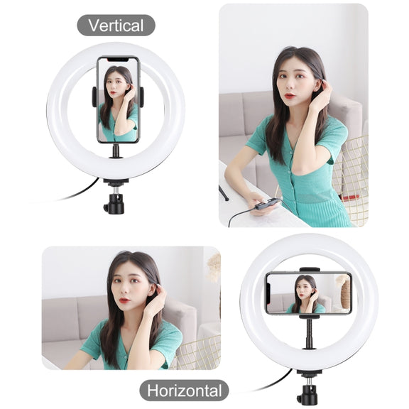 PULUZ 7.9 inch 20cm Light+ Round Base Desktop Holder USB 3 Modes Dimmable Dual Color Temperature LED Curved Light Ring Vlogging Selfie Photography Video Lights with Phone Clamp(Black)