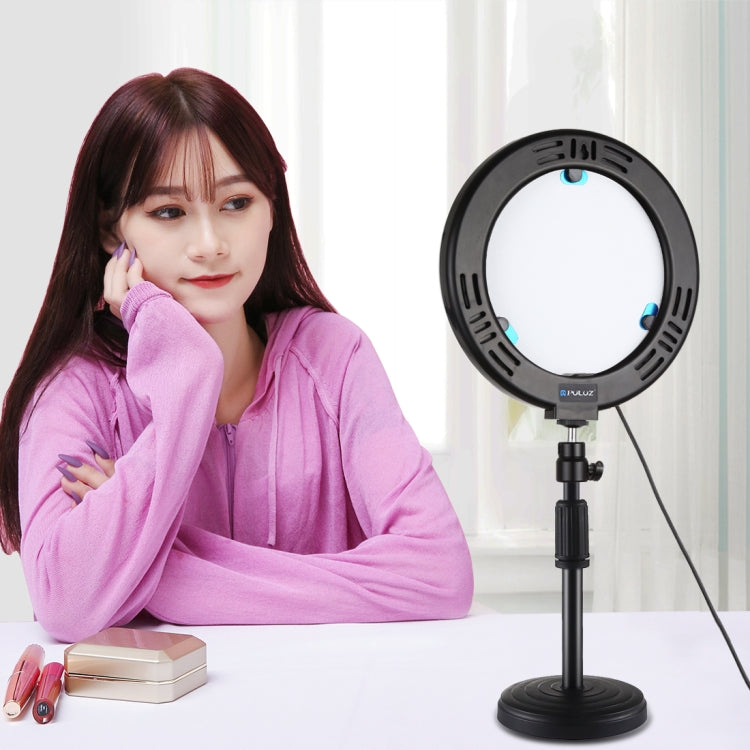 PULUZ 7.9 inch 20cm Mirror Light + Round Base Desktop Mount 3 Modes Dimmable Dual Color Temperature LED Curved Light Ring Vlogging Selfie Photography Video Lights with Phone Clamp(Black) - free shipping - PMC Jewellery - Order now!
