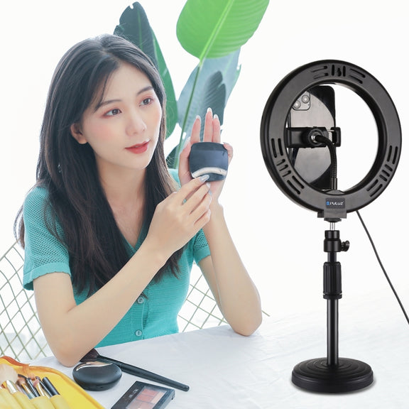 PULUZ 7.9 inch 20cm Mirror Light + Round Base Desktop Mount 3 Modes Dimmable Dual Color Temperature LED Curved Light Ring Vlogging Selfie Photography Video Lights with Phone Clamp(Black)