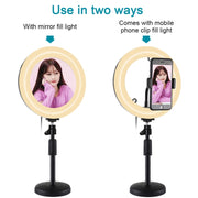 PULUZ 7.9 inch 20cm Mirror Light + Round Base Desktop Mount 3 Modes Dimmable Dual Color Temperature LED Curved Light Ring Vlogging Selfie Photography Video Lights with Phone Clamp(Black)