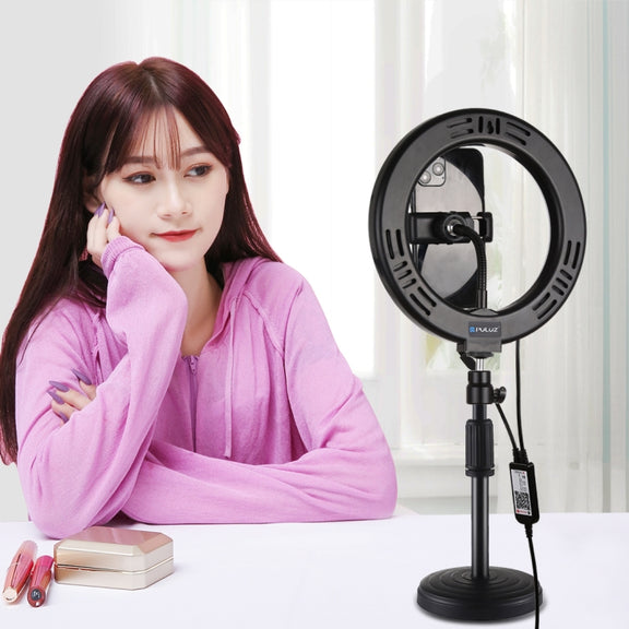PULUZ 7.9 inch 20cm RGBW Light + Round Base Desktop Mount Dimmable LED Dual Color Temperature LED Curved Light Ring Vlogging Selfie Photography Video Lights with Phone Clamp(Black)