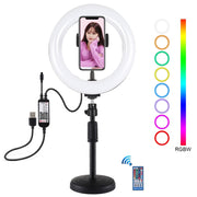 PULUZ 7.9 inch 20cm RGBW Light + Round Base Desktop Mount Dimmable LED Dual Color Temperature LED Curved Light Ring Vlogging Selfie Photography Video Lights with Phone Clamp(Black)