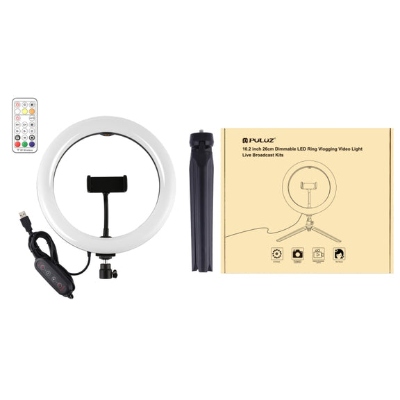 PULUZ 10.2 inch 26cm Marquee LED RGBWW Selfie Beauty Light + Desktop Tripod Mount 168 LED Dual-color Temperature Dimmable Ring Vlogging Photography Video Lights with Cold Shoe Tripod Ball Head & Remote Control & Phone Clamp(Black)