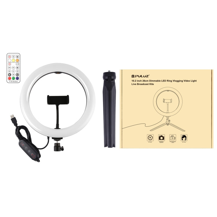 PULUZ 10.2 inch 26cm Marquee LED RGBWW Selfie Beauty Light + Desktop Tripod Mount 168 LED Dual-color Temperature Dimmable Ring Vlogging Photography Video Lights with Cold Shoe Tripod Ball Head & Remote Control & Phone Clamp(Black)