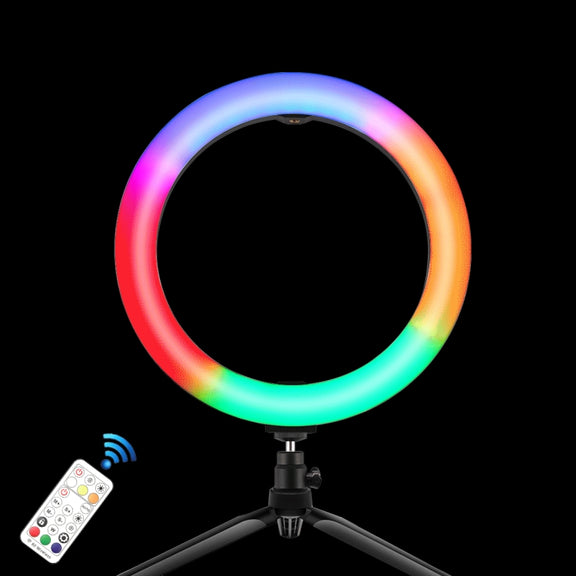 PULUZ 10.2 inch 26cm Marquee LED RGBWW Selfie Beauty Light + Desktop Tripod Mount 168 LED Dual-color Temperature Dimmable Ring Vlogging Photography Video Lights with Cold Shoe Tripod Ball Head & Remote Control & Phone Clamp(Black)
