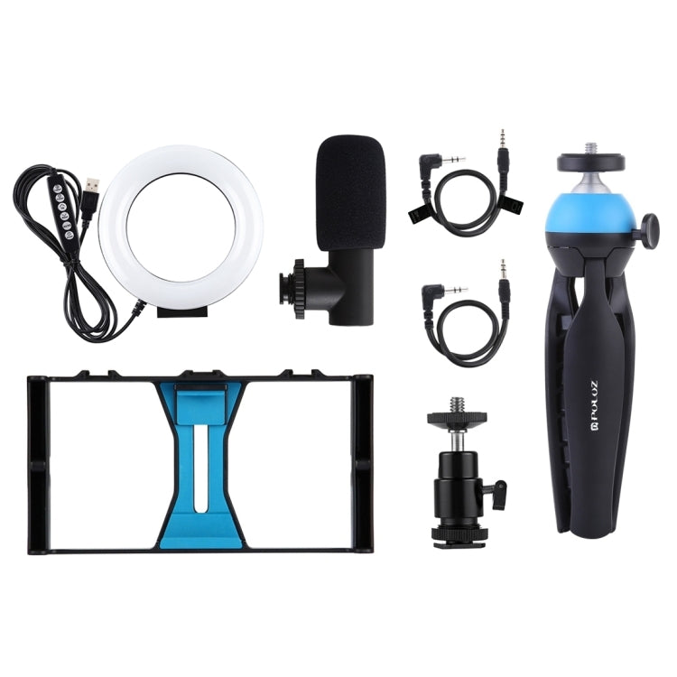 PULUZ 4 in 1 Vlogging Live Broadcast Smartphone Video Rig + 4.7 inch 12cm RGBW Ring LED Selfie Light + Microphone + Pocket Tripod Mount Kits with Cold Shoe Tripod Head(Blue) - free shipping - PMC TechLife - Order now!