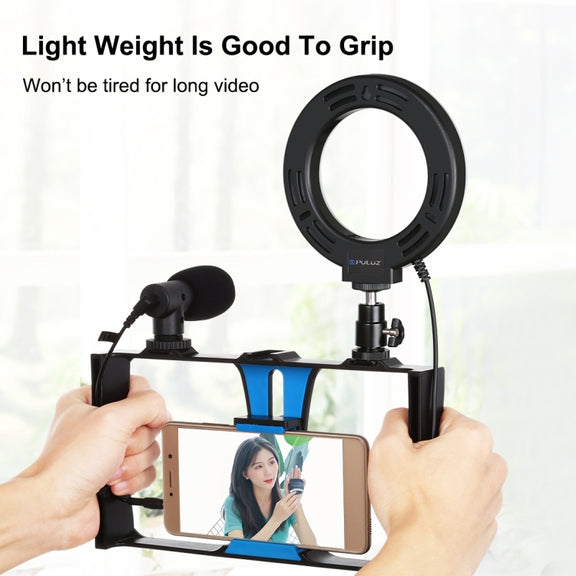 PULUZ 4 in 1 Vlogging Live Broadcast Smartphone Video Rig + 4.7 inch 12cm RGBW Ring LED Selfie Light + Microphone + Pocket Tripod Mount Kits with Cold Shoe Tripod Head(Blue)