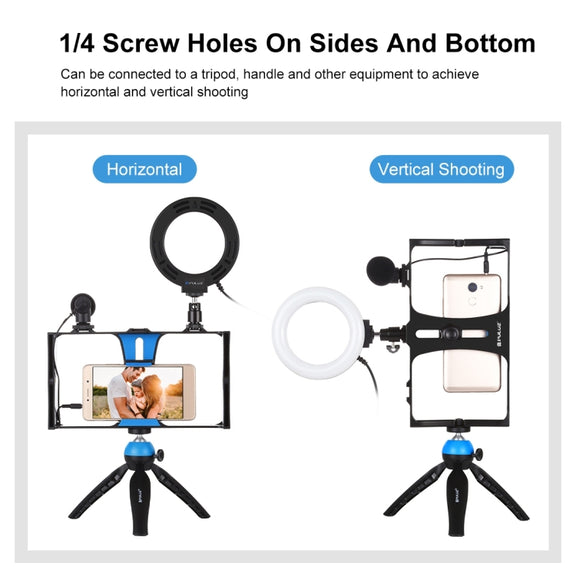 PULUZ 4 in 1 Vlogging Live Broadcast Smartphone Video Rig + 4.7 inch 12cm RGBW Ring LED Selfie Light + Microphone + Pocket Tripod Mount Kits with Cold Shoe Tripod Head(Blue)